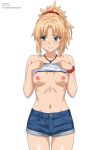  1girl absurdres bandeau bare_shoulders blonde_hair blue_shorts blush braid breasts clothes_lift commentary denim denim_shorts fate/apocrypha fate/grand_order fate_(series) green_eyes highres jewelry justcuyo long_hair looking_to_the_side mordred_(fate) mordred_(memories_at_trifas)_(fate) navel necklace nipples parted_bangs ponytail short_shorts shorts sidelocks small_breasts solo thighs 