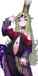  1girl absurdres black_nails clothing_cutout commentary_request cracked_skin crown dress ekrea_jan expressionless extra_ears flat_chest green_hair highres long_hair looking_at_viewer monster_girl navel navel_cutout original pointy_ears purple_eyes solo thick_eyelashes very_long_hair 