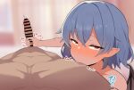  1boy 1girl bar_censor bat_wings blue_hair blurry blurry_background blush censored commentary_request erection handjob haruka_(haruka_channel) hetero highres licking licking_nipple looking_at_viewer nipple_stimulation nude penis pointy_ears pov pov_crotch precum red_eyes remilia_scarlet reverse_nursing_handjob short_hair solo_focus sound_effects touhou wings 