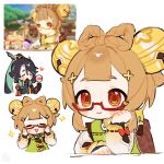  2girls :d ^_^ aqua_hair backpack_basket bell bespectacled black_hair blunt_bangs blush blush_stickers bodystocking bow bow-shaped_hair braid brown_eyes brown_hair chinese_clothes chinese_hairpin closed_eyes closed_mouth commentary_request covering_own_mouth double-parted_bangs elbow_rest game_screenshot_inset genshin_impact glasses gradient_sleeves green_jacket hair_bell hair_ornament hair_stick hand_up head_rest heart high_ponytail highres jacket jingle_bell long_hair long_sleeves looking_at_viewer medium_hair multicolored_hair multiple_girls multiple_views oooma_155 open_mouth parted_bangs ponytail puffy_long_sleeves puffy_sleeves qiqi_(genshin_impact) red-framed_eyewear red_bow scorecard screenshot_inset semi-rimless_eyewear short_eyebrows sidelocks simple_background smile sparkle streaked_hair tassel tears under-rim_eyewear upper_body very_long_hair white_background xianyun_(genshin_impact) yaoyao_(genshin_impact) yuegui_(genshin_impact) 