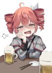  1girl absurdres ahoge alcohol beer beer_mug blush bow chopsticks commentary cup drill_hair drooling drunk elbow_rest grey_jacket hair_between_eyes hair_bow hand_on_own_cheek hand_on_own_face head_rest highres jacket kasane_teto kasane_teto_(sv) long_sleeves looking_at_viewer mouth_drool mug open_mouth pov_across_table puff_of_air red_eyes red_hair solo synthesizer_v table tottemodekai twin_drills upper_body utau white_background white_bow 