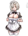  1girl absurdres alternate_costume apron black_bow black_bowtie black_dress blue_eyes blush bow bowtie breasts cleavage cleavage_cutout clothing_cutout commentary_request cowboy_shot cropped_legs dress enmaided gloves grey_hair hair_ornament hair_over_one_eye hairclip hamakaze_(kancolle) highres kantai_collection large_breasts lilshigu maid maid_headdress one-hour_drawing_challenge one_eye_covered parted_bangs short_hair short_sleeves simple_background smile solo thighhighs twitter_username white_apron white_background white_gloves white_thighhighs 
