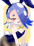  1girl alternate_costume animal_ear_hairband animal_ears blue_hair blue_leotard blush bow bowtie breasts brown_pantyhose cephalopod_eyes cleavage commentary_request detached_collar earrings fake_animal_ears fangs hairband highres jewelry leotard looking_at_viewer medium_hair multiple_piercings octoling open_mouth pantyhose playboy_bunny rabbit_ear_hairband rabbit_ears rabbit_tail red_eyes sequential_piercings shiver_(splatoon) short_eyebrows small_breasts smile solo splatoon_(series) splatoon_3 strapless strapless_leotard suction_cups syoutoktaishi_63 tail tentacle_hair thick_eyebrows tooth_earrings white_background white_wrist_cuffs wrist_cuffs yellow_bow yellow_bowtie 