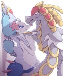  1girl 1other blue_eyes blue_hair colored_skin commentary_request dragon furry furry_female hair_ornament hand_on_own_chest highres kabedon kajinchu kommo-o long_hair looking_at_viewer no_humans open_mouth pink_nose pokemon pokemon_(creature) pokemon_focus primarina red_eyes simple_background smile star_(symbol) star_hair_ornament white_background white_skin 