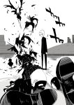  1boy 1girl bad_end bird commentary_request corpse crow death diamond_wa_kudakenai eyeball feathers greyscale highres hirose_koichi hondahiroto jewelry jojo_no_kimyou_na_bouken monochrome necklace pleated_skirt school_uniform skirt sound_effects yamagishi_yukako 