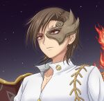  1girl androgynous asymmetrical_wings brown_hair burn_scar buttons closed_mouth collarbone collared_shirt commentary diamond_button eye_mask fire half_eye_mask hidaruma iwanaga_ariya mask night partially_unbuttoned red_eyes scar shirt short_hair skeletal_wings solo star_(sky) touhou variant_set white_shirt wings 