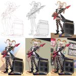  1girl absurdres amplifier animal_ears arknights beeswax_(arknights) black_boots black_collar black_jacket black_ribbon blonde_hair boots breasts bright_pupils bulletin_board chinese_commentary collar commentary_request dark-skinned_female dark_skin dress effects_pedal electric_guitar full_body goat_ears goat_girl goat_horns gold_horns guitar hair_between_eyes highres holding holding_guitar holding_instrument holding_plectrum horns indoors infection_monitor_(arknights) instrument jacket leg_ribbon long_hair looking_at_viewer making-of open_clothes open_jacket pedal_board plectrum poster_(object) ribbon small_breasts solo torn_clothes torn_dress white_dress white_pupils wooden_floor yellow_eyes zhengqi_zhizi_sg 