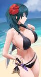  1girl absurdres armpits bare_arms bare_shoulders beach bikini black_bikini blue_eyes blue_hair breasts cleavage collarbone female_byleth_(fire_emblem) female_byleth_(summer)_(fire_emblem) fire_emblem fire_emblem:_three_houses fire_emblem_heroes flower from_side full_cleavage hair_between_eyes hair_ornament hand_on_own_hip hand_up hibiscus highres knife knife_sheath large_breasts long_hair looking_at_viewer looking_back looking_to_the_side navel ocean official_alternate_costume outdoors red_flower sheath shou_illust sideboob solo stomach swimsuit thighs 