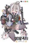  >_< 1girl absurdres ahoge alternate_costume ar-15 armband assault_rifle backpack bag black_bag black_gloves black_shoes blood blush bottle brown_shorts bulletproof_vest commentary commission creature crossed_bangs doom_yorusen double_bun finger_to_mouth fingerless_gloves full_body gloves green_eyes grey_hair grey_jacket grey_thighhighs gun hair_between_eyes hair_bun happy heart highres holding holding_gun holding_weapon jacket medium_hair multicolored_hair nosebleed one_eye_closed open_mouth original pouch rifle safety_pin sample_watermark shoes shorts shushing simple_background squatting streaked_hair thighhighs untranslatable_commentary water_bottle watermark weapon white_background white_streaks wrench 