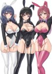  3girls absurdres animal_ears arm_up black_bow black_bowtie black_garter_straps black_hair black_hairband black_leotard black_shirt black_thighhighs blue_eyes blue_hair blush bow bowtie braid breasts cleavage closed_mouth collar collarbone commentary_request commission covered_navel detached_collar fingernails garter_straps grin groin hair_ornament hairband hairclip hand_on_own_chest highres koshimizu_toru kuramochi_meruto laimer large_breasts leotard long_hair long_sleeves looking_at_viewer multiple_girls nail_polish nijisanji open_mouth pink_eyes pink_garter_straps pink_hair pink_hairband pink_leotard pink_lips pink_nails pink_thighhighs pixiv_commission playboy_bunny rabbit_ears shirt simple_background smile thighhighs thighs tsukino_mito virtual_youtuber white_background white_collar white_garter_straps white_hairband white_leotard white_thighhighs 