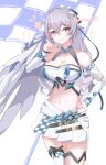  1girl absurdres breasts bronya_zaychik bronya_zaychik_(maximum_velocity) bronya_zaychik_(silverwing:_n-ex) cleavage commentary_request detached_sleeves erasumo3821 grey_eyes grey_hair highres honkai_(series) honkai_impact_3rd large_breasts long_hair looking_at_viewer midriff miniskirt navel official_alternate_costume race_flag race_queen skirt smile solo twitter_username very_long_hair white_skirt white_tail 