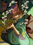  1boy aida_uroko aqua_kimono bandana blonde_hair commentary_request facepaint fingernails highres holding holding_smoking_pipe indoors japanese_clothes kimono kiseru kusuriuri_(mononoke) male_focus mononoke nail_polish obi obi_bow pointy_ears purple_bandana sash sharp_fingernails shouji sliding_doors smoke smoking_pipe solo tatami 