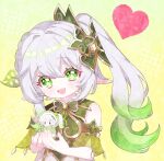  1girl :d bare_shoulders character_doll commentary_request cross-shaped_pupils detached_sleeves doll genshin_impact gold_trim gradient_hair green_eyes green_hair green_sleeves hair_between_eyes hair_ornament hands_up heart highres holding holding_doll leaf_hair_ornament light_blush long_hair looking_at_viewer moco_(moco_8854) multicolored_hair nahida_(genshin_impact) open_mouth pointy_ears side_ponytail sleeveless smile solo symbol-shaped_pupils upper_body white_hair yellow_background 