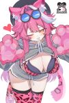  1girl absurdres alternate_costume animal_ears animal_hands bikini bikini_top_only black-framed_eyewear black_hat blush bra breasts chattino_(raora_panthera) cleavage commentary doom_yorusen eyewear_on_head grey_bra grey_hoodie grey_shorts hair_between_eyes hat heart highres hololive hololive_english hood hoodie hoodie_pull large_breasts long_hair looking_at_viewer multicolored_hair one_eye_closed panther_ears panther_girl panther_print panther_tail pink_bikini pink_hair pink_shoes pink_thighhighs raora_panthera shoes short_shorts shorts simple_background sneakers solo standing standing_on_one_leg streaked_hair swimsuit tail thighhighs underwear virtual_youtuber white_background white_streaks yellow_eyes 