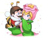  1boy 1girl bbik_gam3 bee_costume bee_mario bee_wings blonde_hair blue_eyes blush brown_hair commentary_request flower_costume flower_peach flying holding honey honeypot insect_wings korean_commentary mario mario_(series) one_eye_closed petals princess_peach wings 