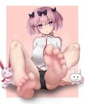  1girl artist_name barefoot black_panties black_ribbon breasts cameltoe commission commissioner_upload feet flower-shaped_pupils gubby_(roblox) hair_ribbon hakurei_fling hibari_(senran_kagura) highres jacket large_breasts ninto_(senran_kagura) non-web_source panties pink_hair purple_eyes rabbit ribbon roblox senran_kagura simple_background soles symbol-shaped_pupils track_jacket underwear white_jacket 