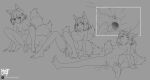  1girl :o absurdres ahegao anal anal_object_insertion animal_ear_fluff animal_ears artist_name barefoot blush breasts commentary dildo english_commentary feet foot_focus foreshortening fox_ears fox_girl fox_tail grey_background greyscale highres medium_breasts monochrome nayt_layt nipples object_insertion open_mouth original pussy sex_toy short_hair simple_background soles tail teeth toes 