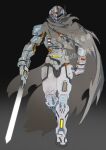  1boy absurdres armor armored_bodysuit bodysuit brown_cape cape catball1994 character_mask compound_eyes full_armor gavan glowing glowing_eyes helmet highres holding holding_sword holding_weapon looking_at_viewer male_focus mask metal_hero solo sword tokusatsu uchuu_keiji_gavan weapon 