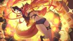  1girl absurdly_long_hair absurdres ahoge arms_behind_head arms_up balcony black_horns black_jacket black_shoes breasts breath_weapon breathing_fire building commentary damcheong dragon_girl dragon_tail explosion fire highres horns jacket large_breasts long_hair midriff navel one_eye_closed open_mouth original red_eyes red_hair red_tail rock rooftop shoes short_shorts shorts solo sparkle swept_bangs tail thigh_strap underboob very_long_hair window 