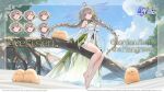  1girl :d ahoge azur_lane barefoot braid breasts character_name closed_mouth commentary dress english_commentary evertsen_(azur_lane) evertsen_(guardian_fae_of_the_mangroves)_(azur_lane) flower green_dress grey_hair highres light_blush logo long_dress low_twin_braids manjuu_(azur_lane) multiple_expressions official_alternate_costume official_art on_tree parted_lips pointy_ears purple_eyes sitting smile solo toes tree twin_braids two-tone_dress white_dress white_flower 