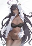  1girl absurdres ahoge arm_up black_bra black_hair black_panties blue_archive bra breasts commentary_request dark-skinned_female dark_skin groin halo highres karin_(blue_archive) large_breasts long_hair looking_at_viewer navel one_eye_closed open_clothes open_shirt panties purple_halo pussy shirt solo strapless strapless_bra toge0toge0 underwear white_shirt 