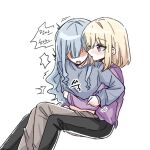  2girls at_09098 bang_dream! bang_dream!_it's_mygo!!!!! black_pants blonde_hair blue_hair blue_shirt blush commentary couple grey_pants hair_between_eyes hand_under_clothes highres invisible_chair korean_commentary korean_text long_hair long_sleeves medium_hair misumi_uika multiple_girls open_mouth pants purple_eyes purple_shirt shirt simple_background sitting sweatdrop togawa_sakiko translation_request uncommon_stimulation white_background womb_massage yuri 
