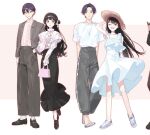  1boy 1girl :o alternate_costume alternate_hairstyle ankle_socks bag black_hair black_shoes blue_eyes blue_shoes blunt_bangs blunt_sidelocks blush brown_jacket closed_mouth commentary double-parted_bangs dress dress_shoes fashion flip-flops floating_clothes floating_hair floating_hat frilled_shirt_collar frills full_body gensan_1130 green_eyes grey_pants hair_between_eyes hair_bun hair_ribbon hand_in_pocket hand_on_headwear handbag hat high-waist_pants high_collar highres holding holding_bag jacket kenmochi_touya lace_socks lapels letterboxed light_frown lineup long_skirt long_sleeves looking_at_viewer looking_to_the_side medium_dress nijisanji notched_lapels one_eye_closed open_mouth outline outside_border pants pink_background pink_bag pink_outline purple_hair ribbon sandals shirt shoes short_hair sidelocks single_side_bun skirt sleeveless sleeveless_dress smile sneakers socks standing straight_hair straw_hat sundress sweater sweatpants t-shirt teeth tsukino_mito untranslatable_commentary upper_teeth_only virtual_youtuber whistle whistle_around_neck white_dress white_ribbon white_shirt white_socks white_sweater 