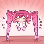  1girl absurdly_long_hair barefoot blush_stickers chibi chibi_only closed_mouth commentary crack crossed_bangs double-parted_bangs drill_hair full_body gradient_background heart heart-shaped_pupils kishya_(trickcal) korean_commentary long_hair monyami notice_lines outline pink_background pink_hair shirt short_sleeves solo standing symbol-shaped_pupils trickcal twin_drills very_long_hair white_outline white_shirt yellow_eyes 