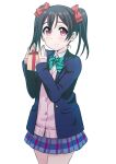  1girl ayumu-k black_hair blazer blue_jacket blue_skirt bow bowtie box cardigan closed_mouth commentary_request cowboy_shot gift gift_box green_bow green_bowtie hair_bow highres holding holding_gift jacket long_sleeves looking_at_viewer love_live! love_live!_school_idol_project miniskirt multiple_hair_bows otonokizaka_school_uniform pink_cardigan pleated_skirt red_bow red_eyes school_uniform simple_background skirt smile solo standing striped_bow striped_bowtie striped_clothes twintails white_background yazawa_nico 