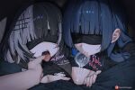  1boy 2girls black_hair black_shirt blindfold blue_hair blunt_bangs breasts colored_inner_hair commentary cum cum_bubble cum_in_mouth english_commentary facing_viewer ffm_threesome finger_to_tongue fishnet_top fishnets greatodoggo grey_hair group_sex highres hololive hololive_english large_breasts long_hair makeup multicolored_hair multiple_girls open_mouth ouro_kronii paid_reward_available pov runny_makeup shiori_novella shirt split-color_hair threesome tongue tongue_out torn_clothes torn_shirt virtual_youtuber 