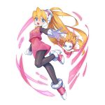  2girls absurdres antennae belly blonde_hair blue_eyes bodysuit breasts ciel_(mega_man) commission commissioner_upload cyber_elf_(mega_man) dress eyelashes fanged_bangs floating gloves headset helmet highres kiauwrenn knees leg_up leggings long_hair looking_at_viewer mega_man_(series) mega_man_x_(series) mega_man_x_dive mega_man_zero_(series) multiple_girls no_hands non-web_source open_hands open_mouth palms passy_(mega_man) pink_dress shoes simple_background small_breasts smile standing standing_on_one_leg tiptoes transparent_background vest white_gloves 