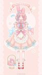  1girl animal animal_ears ankle_ribbon ankle_socks apron back_bow banner basket blue_bow border bow bow_legwear chinese_commentary cloak closed_mouth clothed_animal commentary_request cross-laced_clothes cross-laced_top eyelashes fake_animal_ears flower food_print frilled_anklet frilled_bow frilled_skirt frilled_sleeves frilled_wrist_cuffs frills frown fruit_print full_body hair_bow heart highres lace lace-trimmed_apron lace_border lace_trim leg_ribbon lolita_fashion long_sleeves looking_to_the_side medium_skirt my_melody my_melody_(series) nikki_(series) one_ear_down ornate_border outline own_hands_together pillarboxed pink_bow pink_cloak pink_eyes pink_skirt pink_theme pleated_skirt print_apron rabbit_ears red_ribbon red_shoes ribbon ribbon-trimmed_skirt ribbon_trim sanrio see-through_clothes see-through_socks shining_nikki shirt shoes shy skirt skirt_bow socks straight-on strawberry_my_melody_(shining_nikki) strawberry_print striped_clothes striped_socks three-quarter_sleeves vertical-striped_clothes vertical-striped_socks waist_apron waist_bow watermark weibo_watermark white_apron white_border white_bow white_flower white_outline white_rabbit_(animal) white_shirt white_socks white_wrist_cuffs wrist_bow wrist_cuffs xiaoyu_qixing 