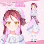  1girl bag belt black_belt bow character_name collar commentary_request dress english_text flower frilled_socks frills hair_ornament handbag hat highres instrument logo long_hair long_sleeves love_live! love_live!_sunshine!! multicolored_hair musical_note official_art piano piano_keys pink_background pink_hair red_hair sakurauchi_riko shoes simple_background skirt socks solo streaked_hair 