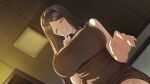  1girl black_hairband breasts brown_hair brown_sweater closed_eyes closed_mouth dress from_below game_asset hairband hand_up highres indoors large_breasts long_hair looking_at_viewer looking_down non-web_source official_art s.u._(simpleu818) self-datamine shinonome_kasumi sleeveless sleeveless_sweater smile solo summer_clover sweater sweater_dress variant_set 