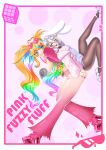  2girls absurdres ahoge animal_ears arielle_(vtuber) blonde_hair blue_eyes breasts carrot_hair_ornament cleavage dreynnkas eyewear_on_head fishnet_pantyhose fishnets food-themed_hair_ornament fur_jacket gradient_pants grey_hair grin hair_between_eyes hair_ornament heart heart-shaped_pupils heart_ahoge henya_the_genius henya_the_genius_(bunniversary) highres holding_hands indie_virtual_youtuber jacket large_breasts legs leotard long_hair looking_at_another lop_rabbit_ears multicolored_hair multiple_girls open_mouth pants pantyhose pink_jacket pink_nails pink_pants pink_shoes platform_heels playboy_bunny purple_leotard rabbit_ears rabbit_girl rainbow_hair shoes small_breasts smile strapless sunglasses symbol-shaped_pupils tube_top twintails virtual_youtuber vshojo white_tube_top yellow_eyes 