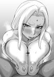  1boy 1girl absurdres bar_censor blush breasts breasts_squeezed_together censored collarbone commentary curtained_hair facial_mark forehead_mark furrowed_brow grabbing_own_breast gradient_background grey_background greyscale hetero highres huge_breasts kaiman_garupan long_hair looking_at_viewer monochrome naruto_(series) nipples paizuri parted_bangs pov pov_crotch steaming_body sweat tsunade_(naruto) 