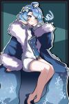  1girl absurdres ahoge asia_(trickcal) blue_hair blue_jacket blue_necktie blue_shoes coat coat_on_shoulders commentary_request flat_chest fur_coat gold_trim gradient_eyes gradient_hair hair_ornament hair_ribbon hand_on_own_cheek hand_on_own_face highres jacket korean_commentary multicolored_eyes multicolored_hair multicolored_jacket necktie parted_lips pointy_ears ribbon rieana shoes sitting snowflake_print trickcal v-shaped_eyebrows white_jacket wide_sleeves yellow_eyes 