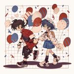  1boy 1girl bag balloon black_bag black_pants black_socks blue_hair blue_shorts braid brown_eyes brown_hair chinese_commentary closed_mouth commentary_request crossbody_bag from_side full_body grey_shoes grid_background hat heart heart_print hetero highres jacket open_mouth pants ranma_1/2 red_jacket saotome_ranma saotome_ranma_(male) shadow shoes short_hair shorts single_braid siyer smile sneakers socks sweater tendou_akane v-shaped_eyebrows walking white_hat white_shoes white_sweater wide-eyed wide_sleeves 