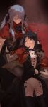  2girls absurdres ascot bang_dream! bang_dream!_it's_mygo!!!!! black_ascot black_boots black_corset black_gloves black_hair black_pants black_pantyhose black_ribbon black_vest blue_eyes blue_hair boots breasts capelet chinese_commentary closed_mouth commentary_request corset glint gloves hair_ribbon half_gloves highres light_particles long_hair long_sleeves medium_breasts medium_hair mikon_sama multiple_girls oblivionis_(bang_dream!) pants pantyhose red_capelet red_shirt ribbon shirt sidelocks thigh_boots timoris_(bang_dream!) togawa_sakiko twintails two-tone_pants two_side_up vest white_pants white_shirt yahata_umiri yuri 