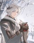 1boy animal_ears arknights bare_tree black_gloves black_shirt blue_eyes blue_necktie bobbing_(arknights) closed_mouth collared_shirt commentary cup curtained_hair day disposable_coffee_cup disposable_cup dog_boy dog_ears droopy_ears extra_ears gloves grey_jacket hair_ribbon heterochromia highres holding holding_cup hug_(yourhug) jacket long_hair long_sleeves looking_at_viewer low_ponytail male_focus necktie official_artist_extra outdoors parted_bangs ponytail red_eyes red_ribbon ribbon scarf shirt sidelocks sideways_glance smile snow solo steaming_cup tree untranslatable_commentary upper_body very_long_hair white_hair white_scarf winter winter_clothes 