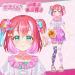  1girl bag belt blonde_hair blush bow bowtie candy character_name choker commentary_request english_text food frills green_eyes green_hair hair_ornament highres kurosawa_ruby logo love_live! love_live!_sunshine!! multicolored_hair official_art pink_hair red_hair ribbon shoes simple_background single_thighhigh skirt smile striped_clothes striped_thighhighs thighhighs 