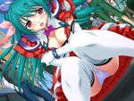  1girl 2000s_(style) :o aqua_hair ayahime_kurumi blush breasts cleavage cleavage_cutout clothing_cutout covering_privates cum cum_in_mouth dress dutch_angle elbow_gloves game_asset gloves green_hair hair_ribbon large_breasts lemmtear_theta long_hair magical_girl mahou_senshi_(series) mahou_senshi_lemmtear_knights mole mole_under_mouth multiple_boys non-web_source official_art open_mouth outdoors panties pantyshot purple_eyes purple_panties ribbon saitou_natsuki self-datamine solo_focus squatting thighhighs underwear upskirt variant_set visual_novel_cg white_gloves white_panties white_thighhighs 