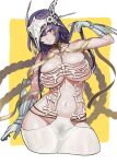  1girl animal_skeleton braid breasts collar commentary_request fate/grand_order fate_(series) female_pubic_hair gauntlets headpiece highres large_breasts looking_at_viewer maruko_tooto mask metal_collar midriff navel nipples pubic_hair purple_hair red_eyes skeletal_clothes skull_mask smile solo urd_(fate) very_long_braid 