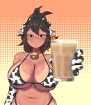  1girl ahoge animal_collar animal_ears animal_print bell bikini bikini_tan black_eyes black_hair blush breasts chocolate_milk cleavage collar colored_inner_hair commentary cow_ears cow_horns cow_print cow_print_bikini cow_print_gloves cowbell cup ear_tag elbow_gloves english_commentary fake_animal_ears fake_horns fourth_wall glass gloves half-closed_eyes here_some_choccy_milk_(meme) high_ponytail holding holding_cup horns huge_breasts kali_(little_j) little_j long_hair meme micro_bikini multicolored_hair navel neck_bell original outstretched_hand photo_inset ponytail print_bikini print_gloves reaching reaching_towards_viewer red_hair smirk solo spaghetti_strap standing swimsuit tan tanlines two-tone_hair underboob upper_body 