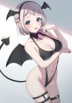  1girl absurdres bikini black_bikini black_wings blue_eyes blush braid breasts brown_hair cleavage collarbone commentary_request demon_girl demon_tail demon_wings gakuen_idolmaster highres idolmaster katsuragi_lilja large_breasts looking_at_viewer multicolored_hair navel o-ring o-ring_bikini pink_hair side_braid smile solo stomach swimsuit tail tongue tongue_out tsunenorip wings 