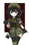  1girl ak-74m arm_ribbon assault_rifle bandaged_neck bandages black_boots black_eyes black_gloves black_hair black_thighhighs boots camouflage camouflage_helmet camouflage_jacket camouflage_skirt clothes_pull gloves gun helmet highres jacket jephy_0 kalashnikov_rifle looking_at_viewer magazine_(weapon) military military_uniform miniskirt morale_patch original patch pulling_own_clothes r-chan ribbon ribbon_of_saint_george rifle russia russian_flag russo-ukrainian_war scar scar_on_cheek scar_on_face skirt skirt_pull sweatdrop tactical_gloves thighhighs thighs weapon white_ribbon z_(russian_symbol) zettai_ryouiki 