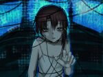  1girl aqua_pupils breasts brown_hair collarbone dress hair_ornament iwakura_lain looking_at_viewer ompf open_mouth pale_skin serial_experiments_lain small_breasts solo spaghetti_strap strap_slip television upper_body white_dress wire x_hair_ornament 
