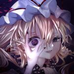  2girls black_capelet black_hat blonde_hair bow brown_hair capelet commentary dark_background dress gap_(touhou) grey_eyes hair_between_eyes hair_bow hand_on_own_face hat hat_bow hat_ribbon heterochromia highres long_hair mismatched_pupils mob_cap multiple_girls multiple_hair_bows open_mouth purple_eyes purple_tabard red_bow red_ribbon ribbon signature slit_pupils solo_focus spica0831mint tabard tears tears_from_one_eye teeth touhou usami_renko white_bow white_dress white_hat yakumo_yukari yukari_is_merry_theory_(touhou) 