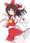  1girl ascot blush bow brown_eyes brown_hair commentary detached_sleeves frilled_bow frilled_hair_tubes frilled_skirt frills gohei hair_bow hair_tubes hakurei_reimu hand_on_own_hip highres holding holding_gohei kamuraaa_615 long_hair looking_at_viewer midriff navel open_mouth red_bow red_skirt ribbon-trimmed_sleeves ribbon_trim signature simple_background skirt skirt_set solo squeans thick_thighs thighs touhou white_background yellow_ascot 