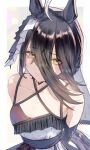  1girl ahoge alt_text animal_ears bare_shoulders black_hair blush breasts choker closed_mouth collarbone commentary_request detached_sleeves dress ear_ornament flower grey_veil hair_between_eyes highres horse_ears horse_girl long_hair_between_eyes looking_at_viewer manhattan_cafe_(mysterious_rose)_(umamusume) manhattan_cafe_(umamusume) multicolored_hair official_alternate_costume orusun ribbon short_hair small_breasts smile solo umamusume veil white_dress white_ribbon yellow_eyes 